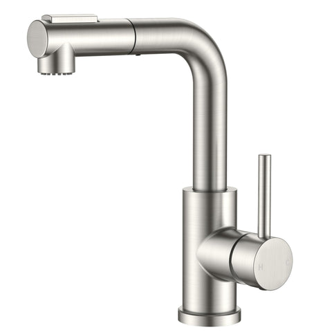 FORIOUS modern bar sink faucet with brushed nickel finish and pull-out sprayer for easy cleaning tasks.