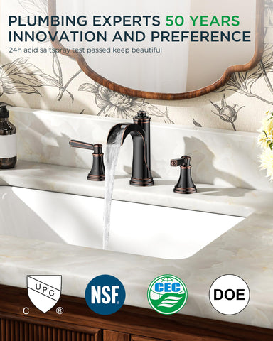 FORIOUS oil-rubbed bronze faucet, 8-inch widespread, clean silhouette for versatile bathroom layouts.