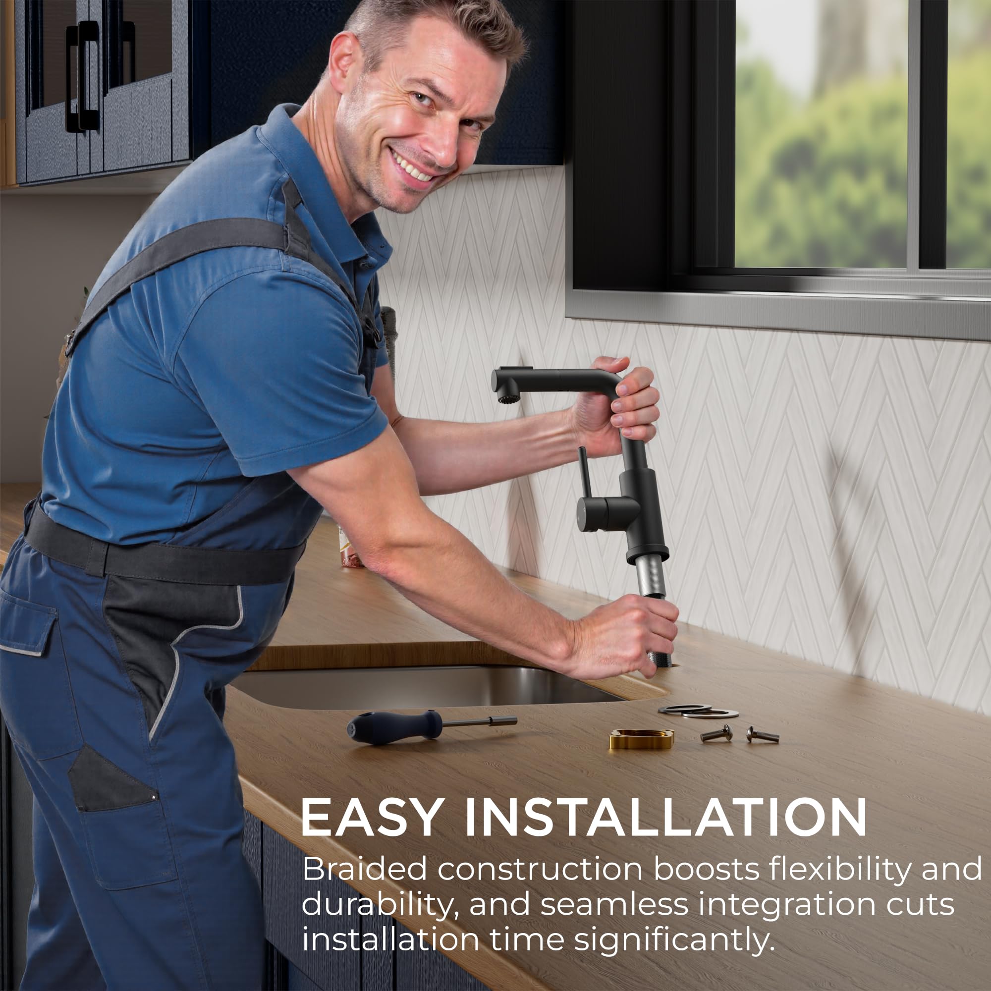FORIOUS pull-down sprayer with 15-74-inch hose reaches every corner.