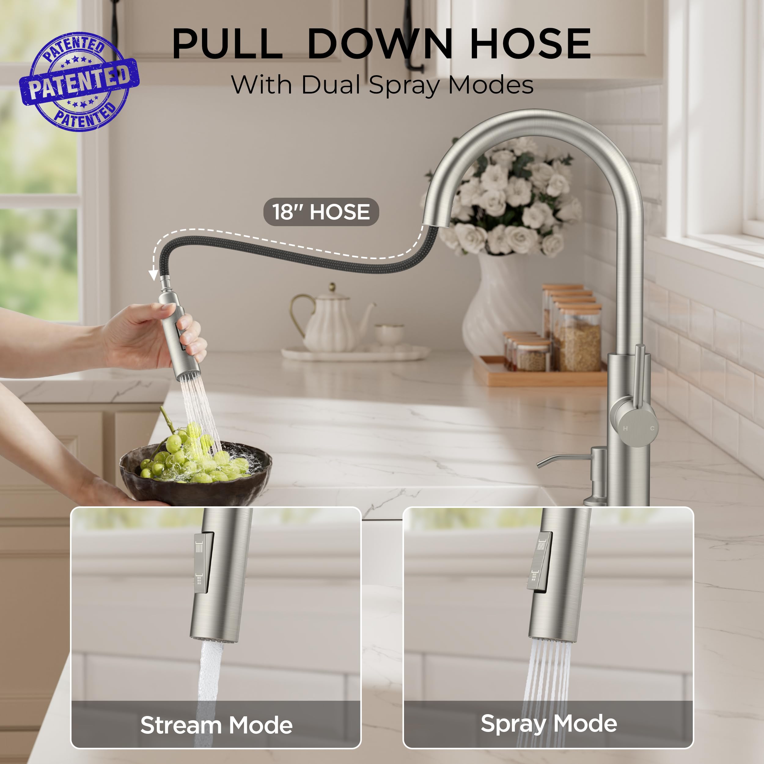 FORIOUS pull-down sprayer with 18-inch hose for deep sink reach