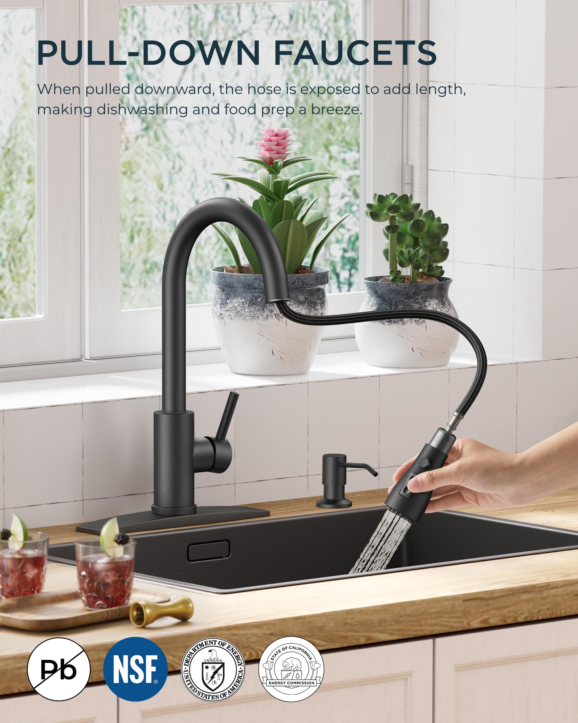 FORIOUS pull-down sprayer demonstrating flexible reach for dishes and vegetables
