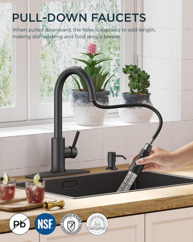 FORIOUS pull-down sprayer demonstrating flexible reach for dishes and vegetables
