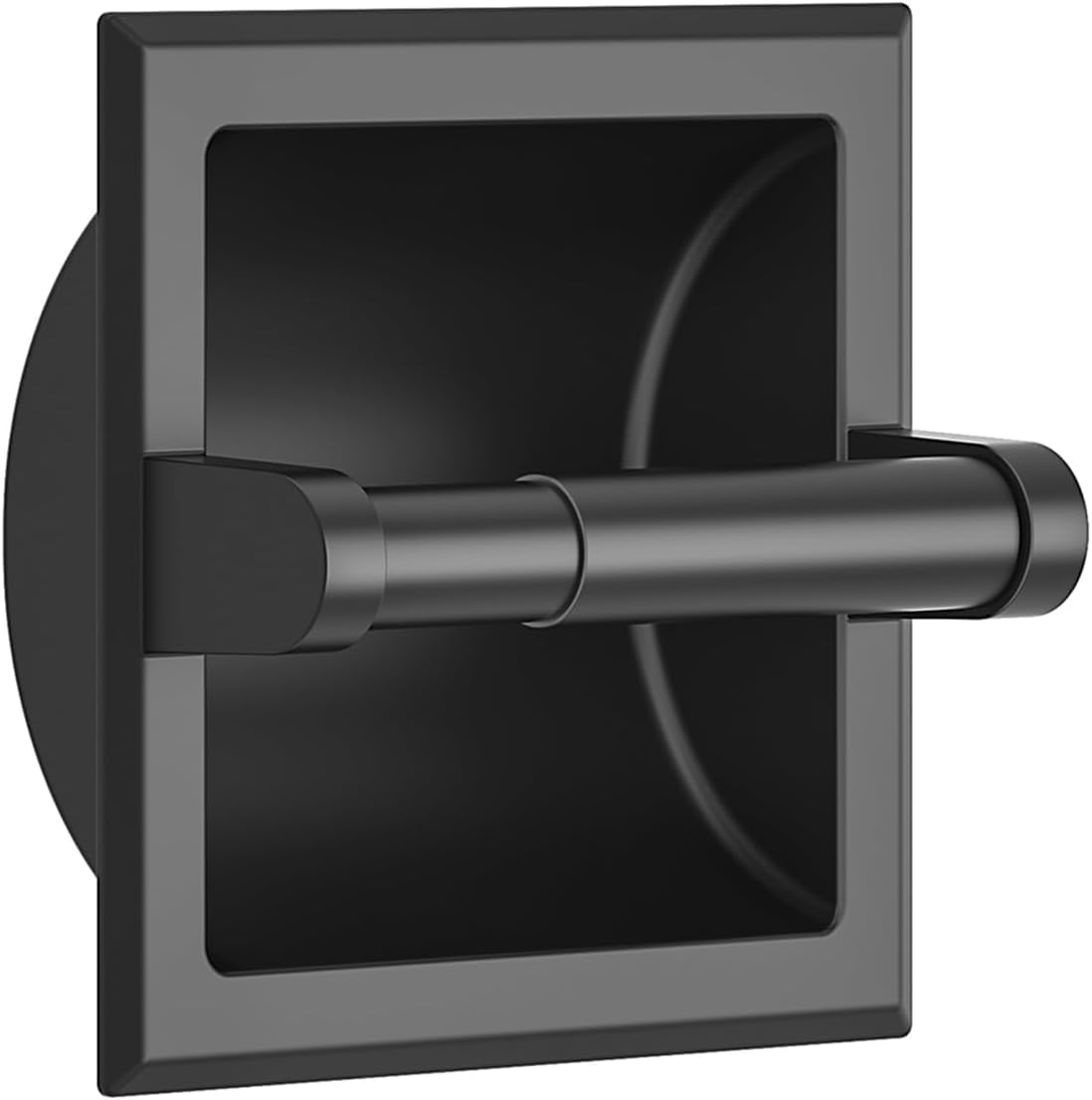 FORIOUS recessed toilet paper holder in matte black finish, wall-mounted for space-saving bathroom organization.