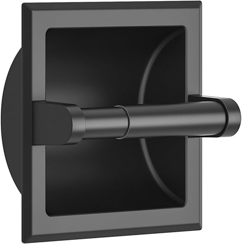 FORIOUS recessed toilet paper holder in matte black finish, wall-mounted for space-saving bathroom organization.
