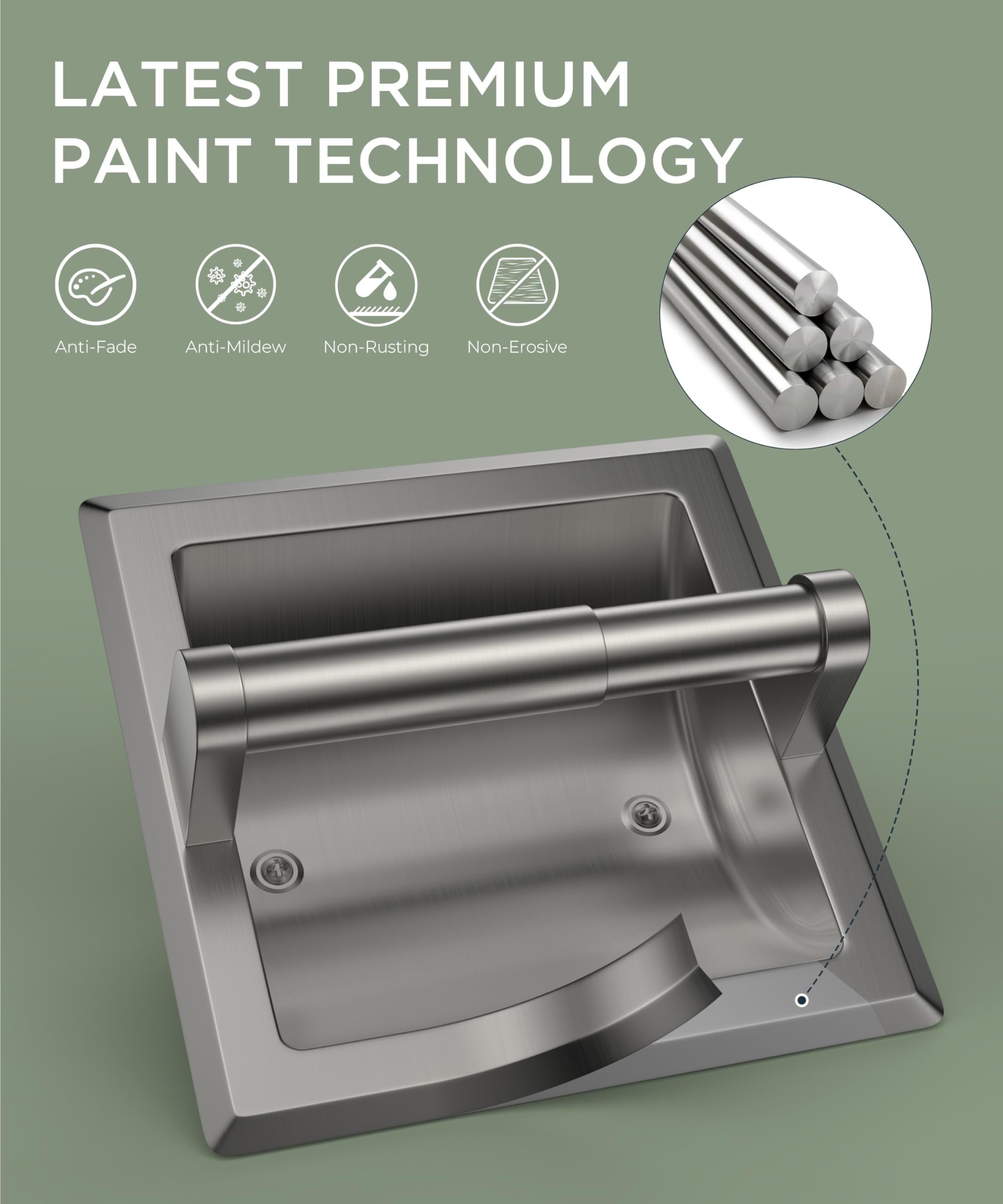 Satin nickel finish highlights anti-peel and anti-tarnish protection on FORIOUS holder.