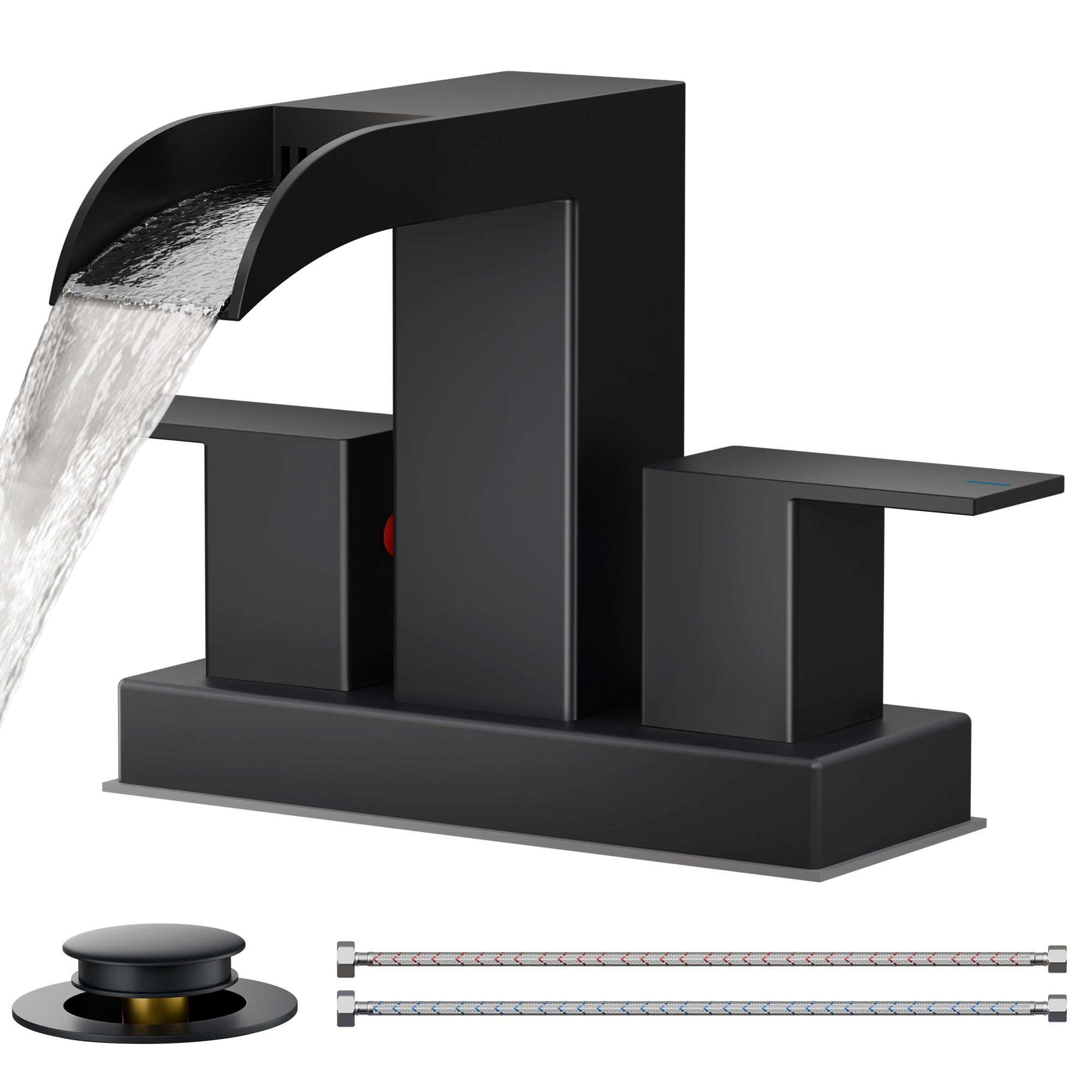 FORIOUS square black faucet with waterfall spout enhances bathroom sink aesthetics and splash control.