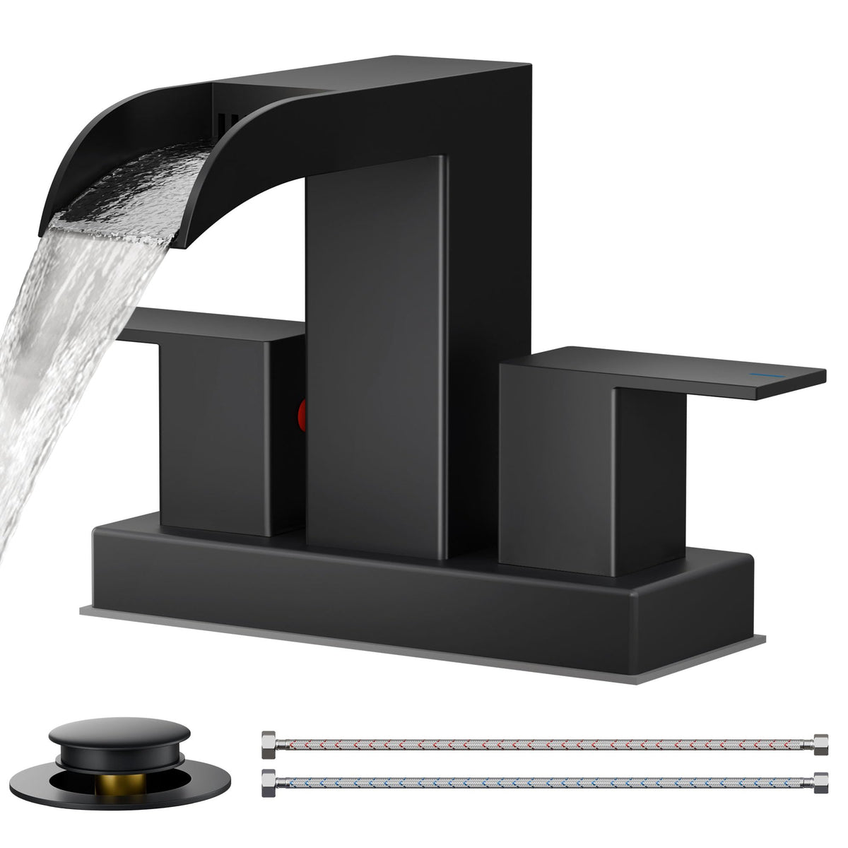 FORIOUS square black faucet with waterfall spout enhances bathroom sink aesthetics and splash control.