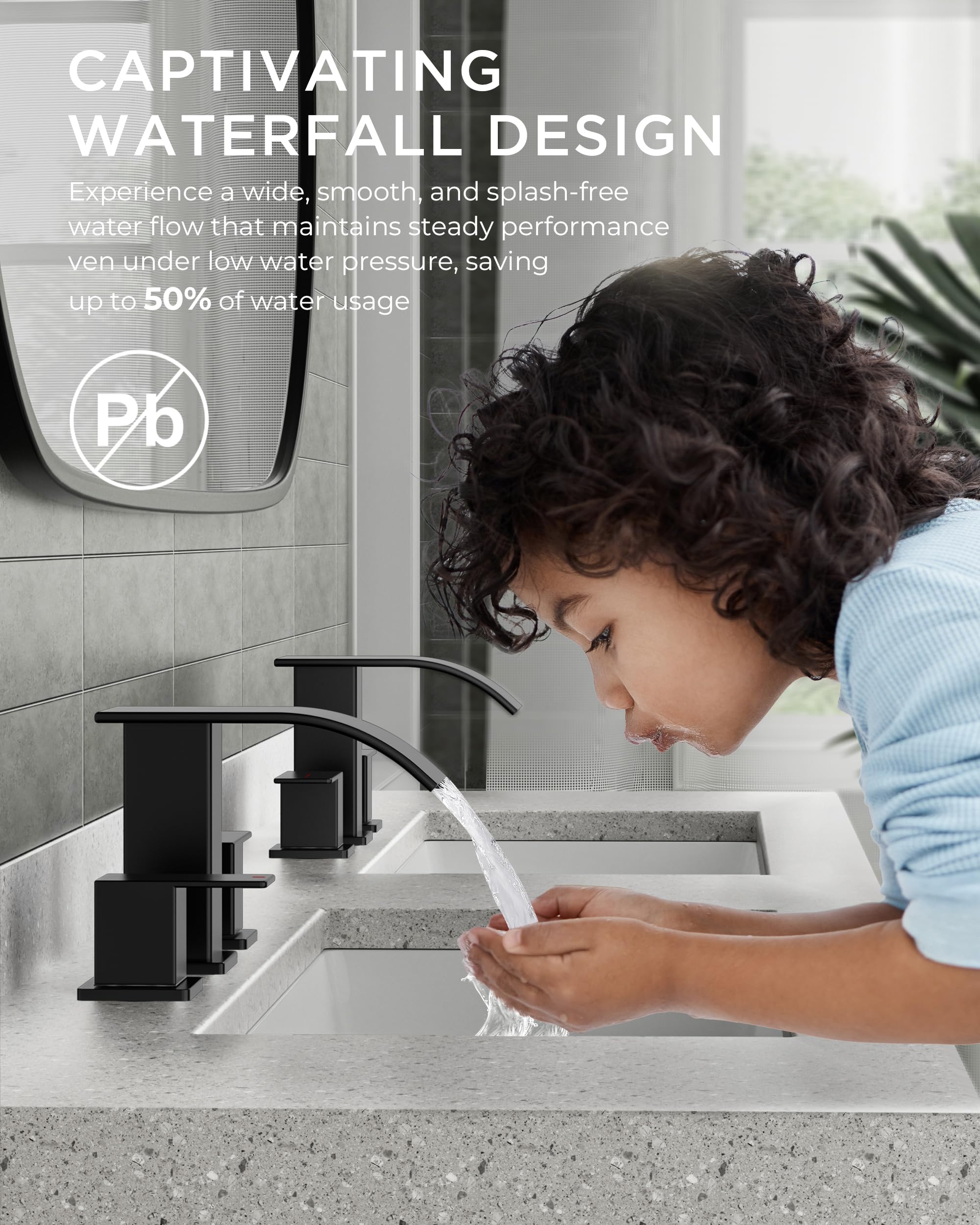Forious square matte black faucet installed in a three-hole setup.
