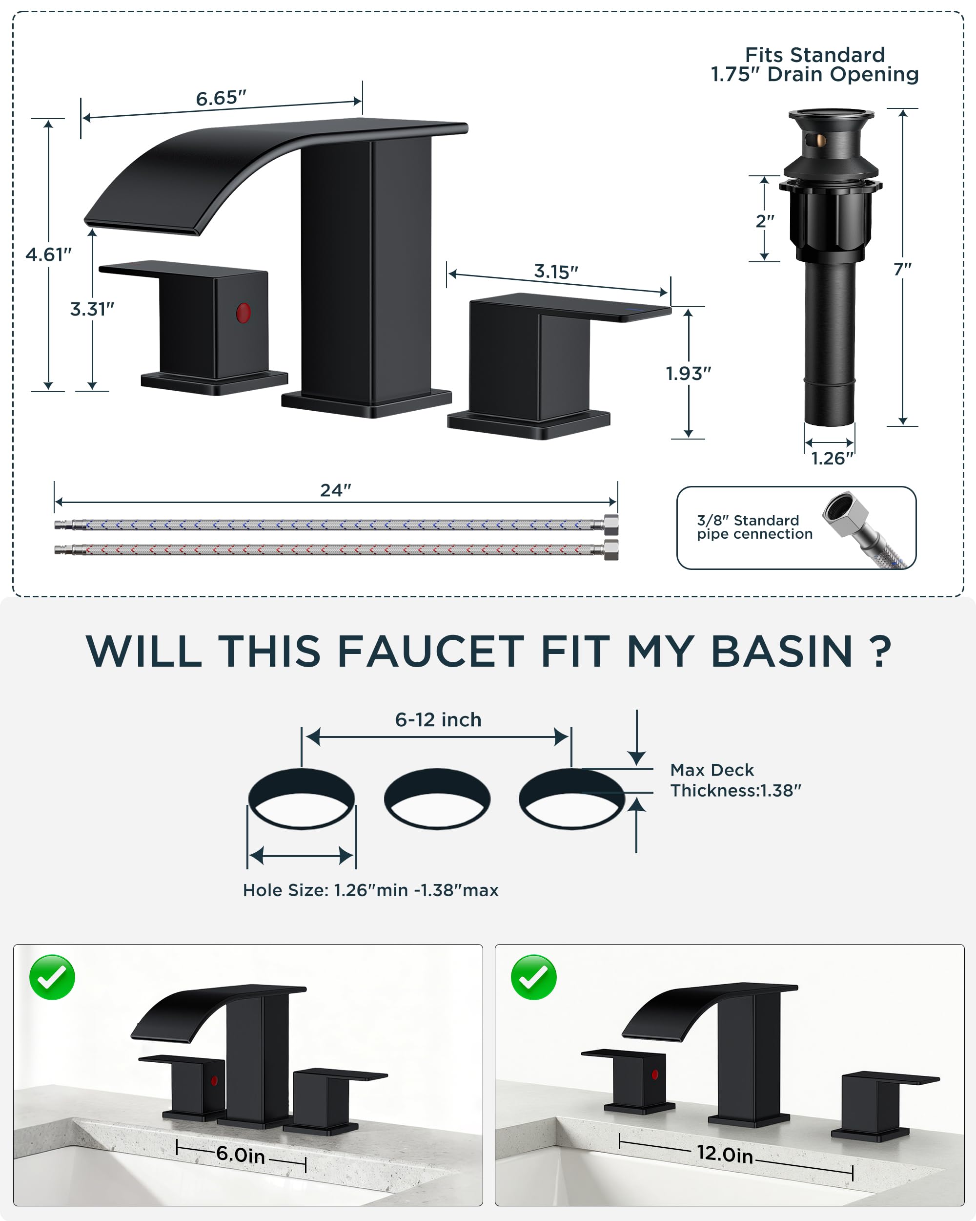 Forious square matte black faucet with color-coded supply hoses.