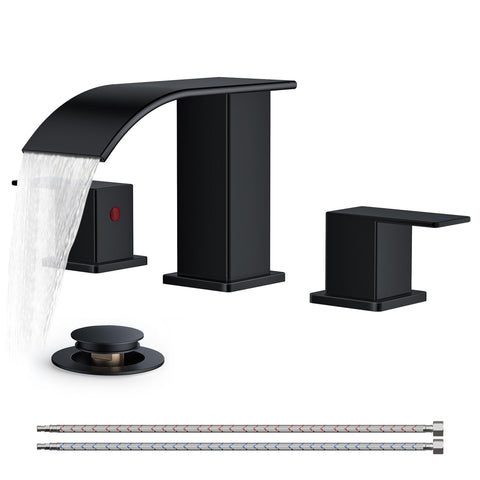 Forious square matte black faucet top view with waterfall flow.