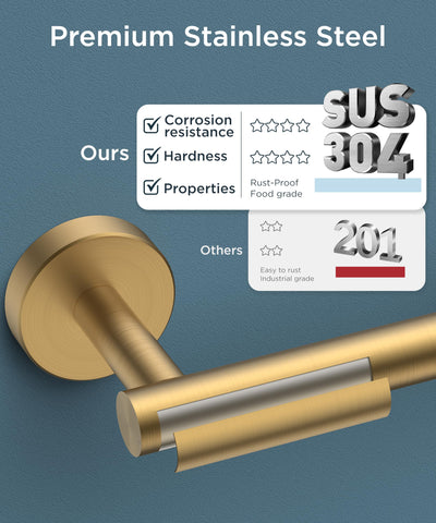 Forious brushed gold bathroom scene showing space-saving design.
