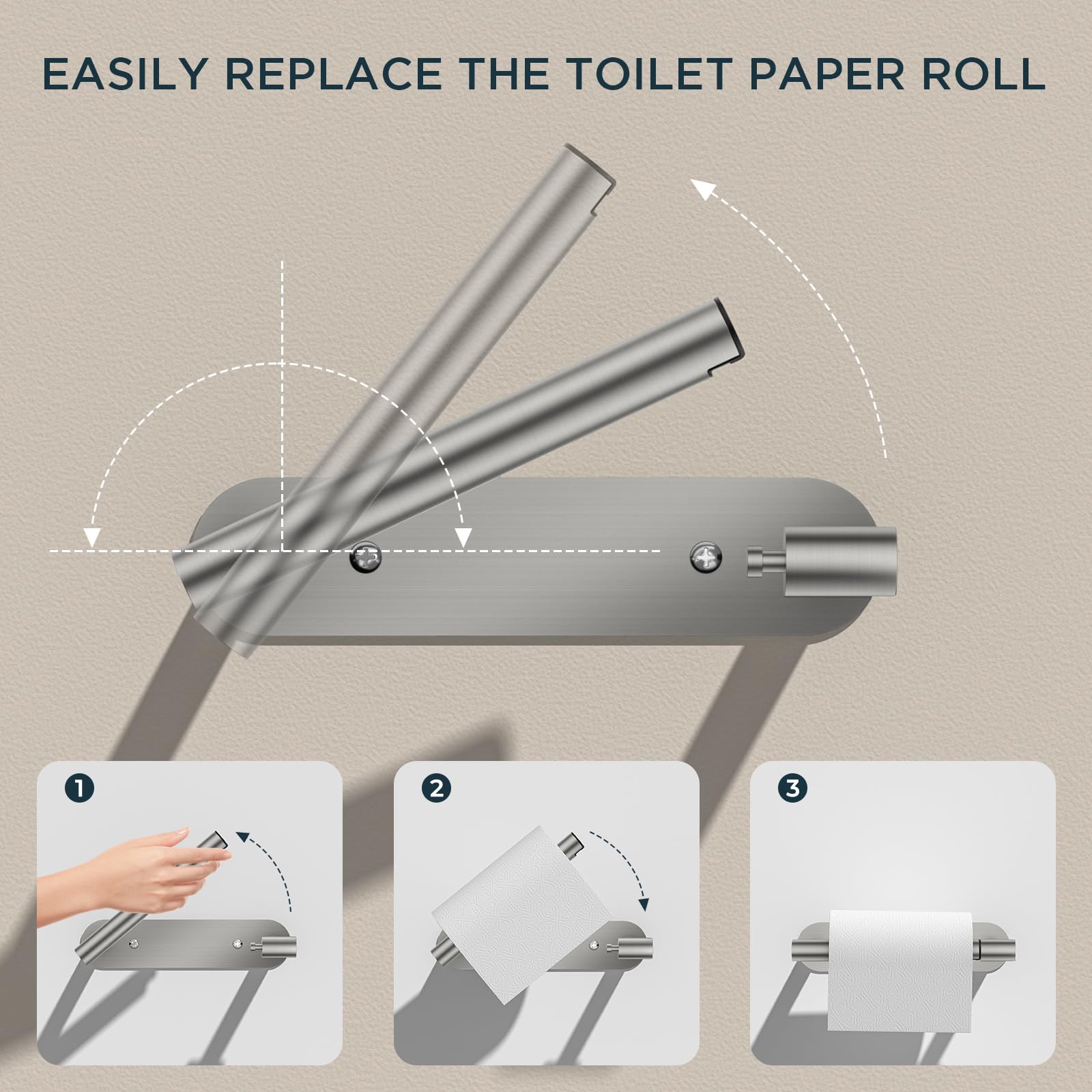 FORIOUS toilet paper holder with brushed nickel, wall-mount screws provide secure, adjustable placement.
