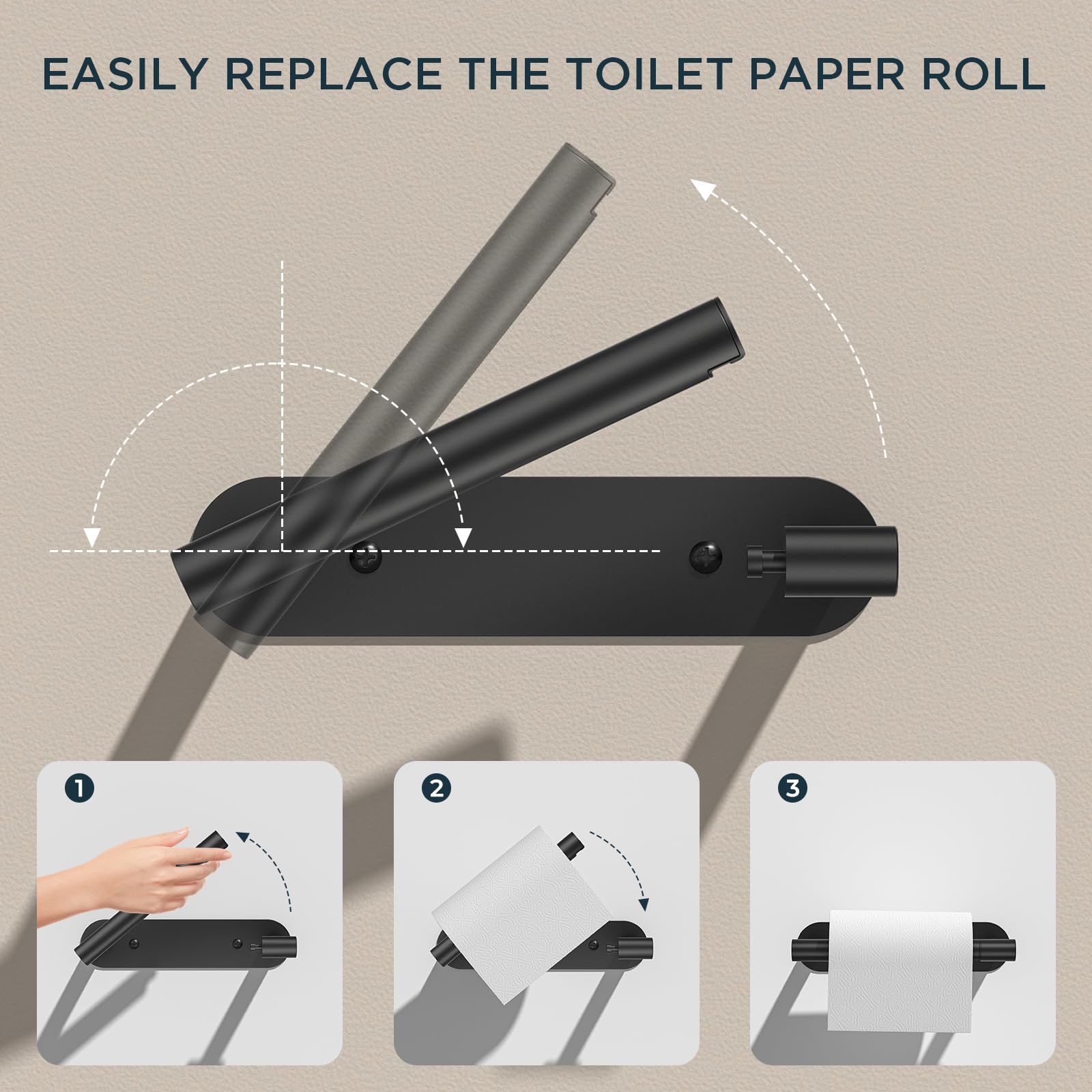 FORIOUS pivoting tissue bar enabling smooth roll changes in modern bathroom setting