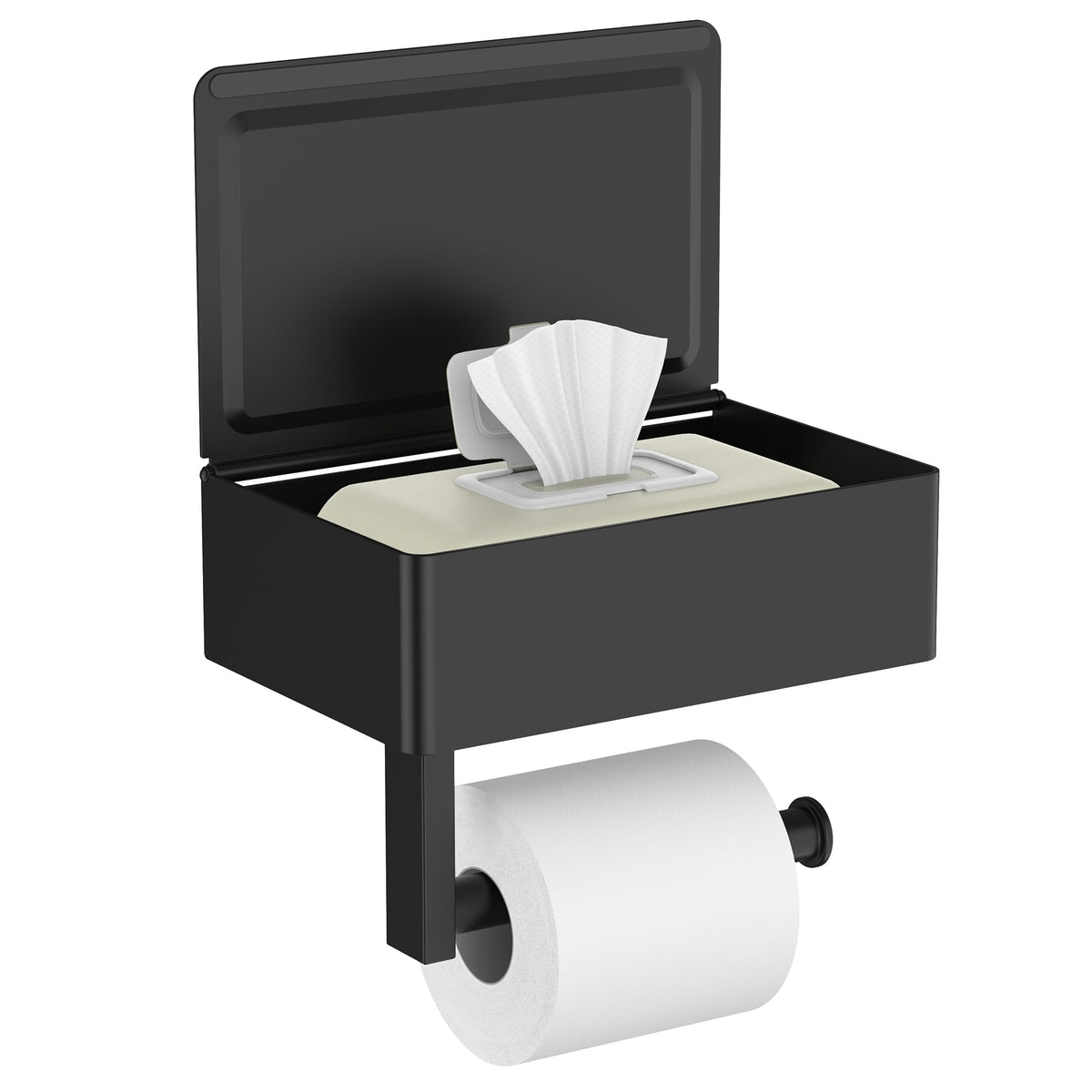 FORIOUS toilet paper holder with shelf in matte black, front view for stylish bathroom organization