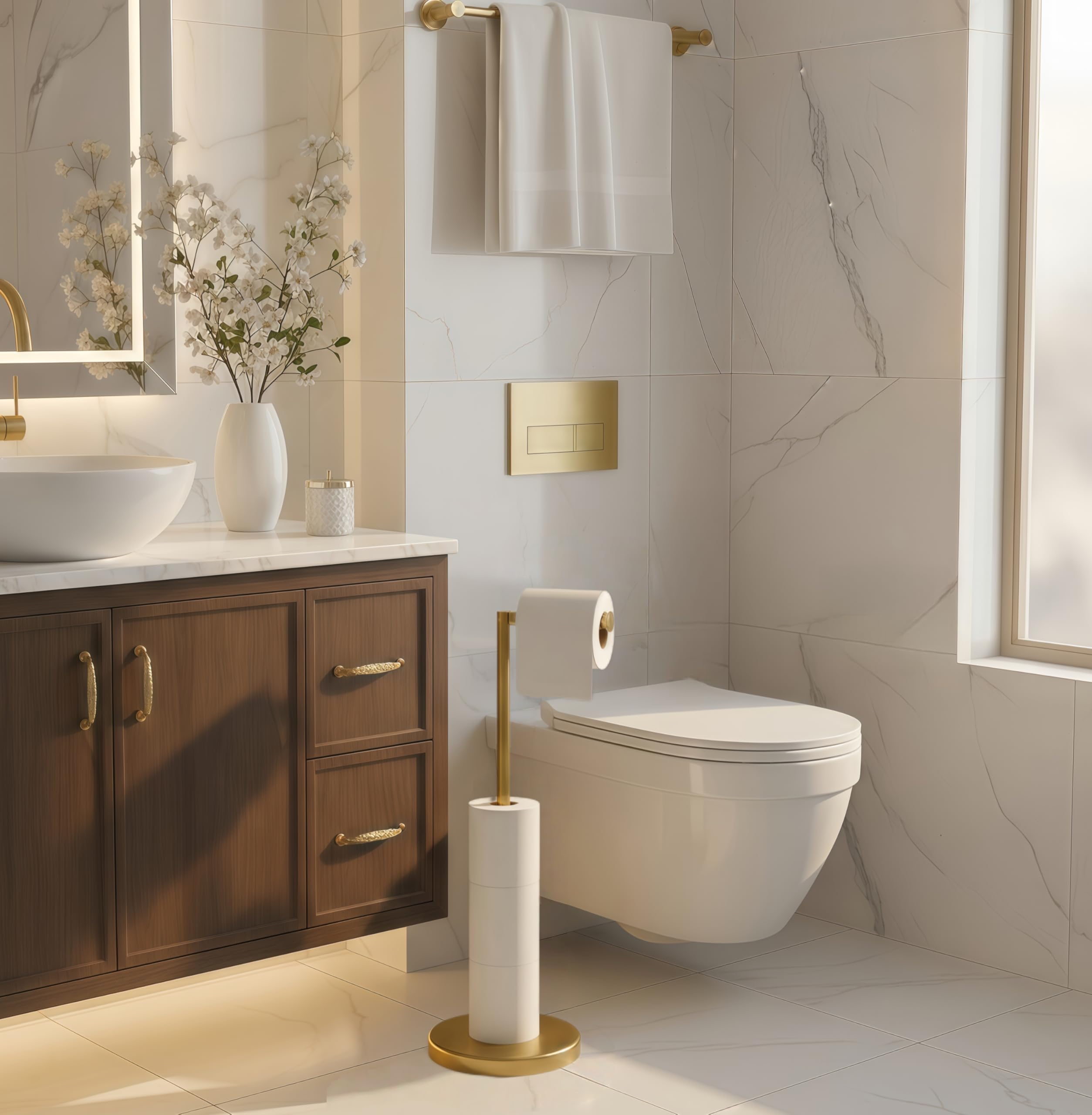 Forious weighted base keeps the freestanding unit steady beside the vanity
