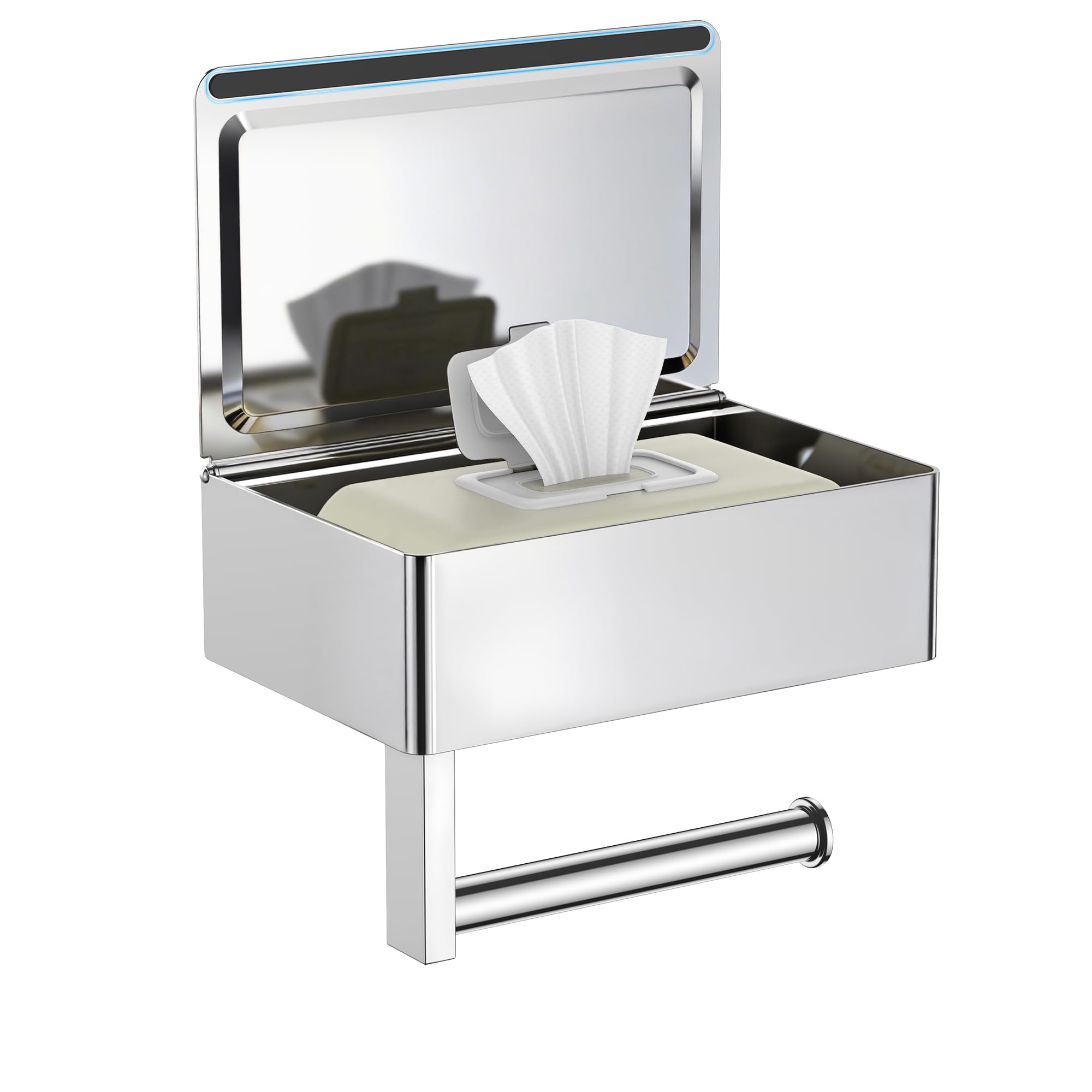 FORIOUS chrome toilet paper holder with shelf, a sleek space saver for bathrooms.
