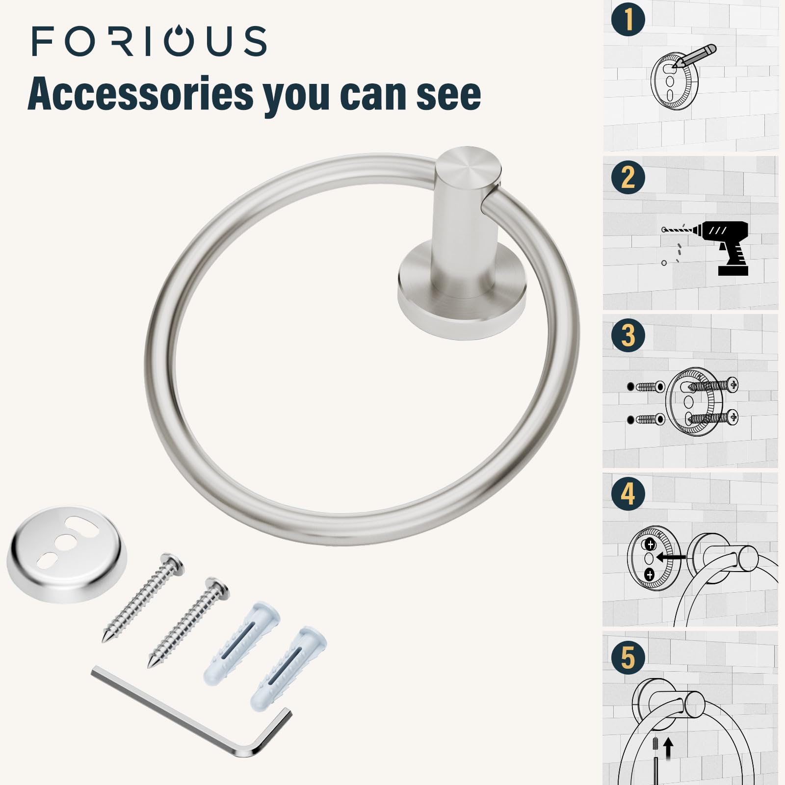 FORIOUS towel ring includes all hardware for quick, tool-free installation.