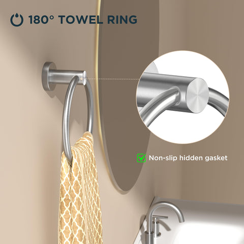 FORIOUS wall mounted towel ring featuring 180 degree swing enhances towel access and drying space.