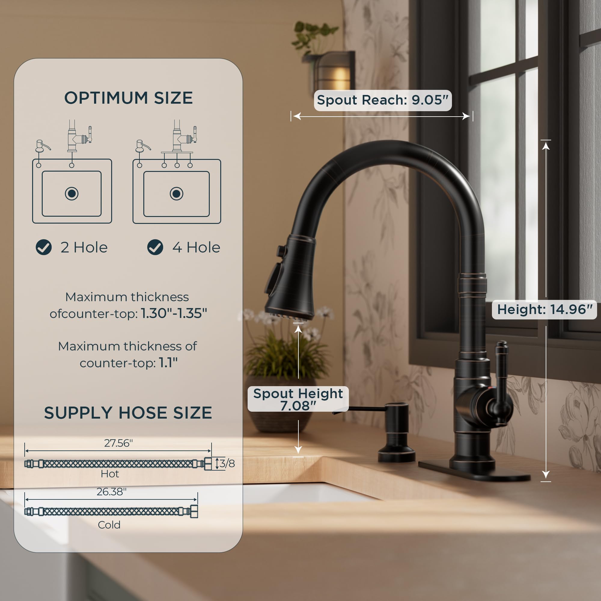 FORIOUS pull-down sprayer offers flexible reach for pots and sink corners.