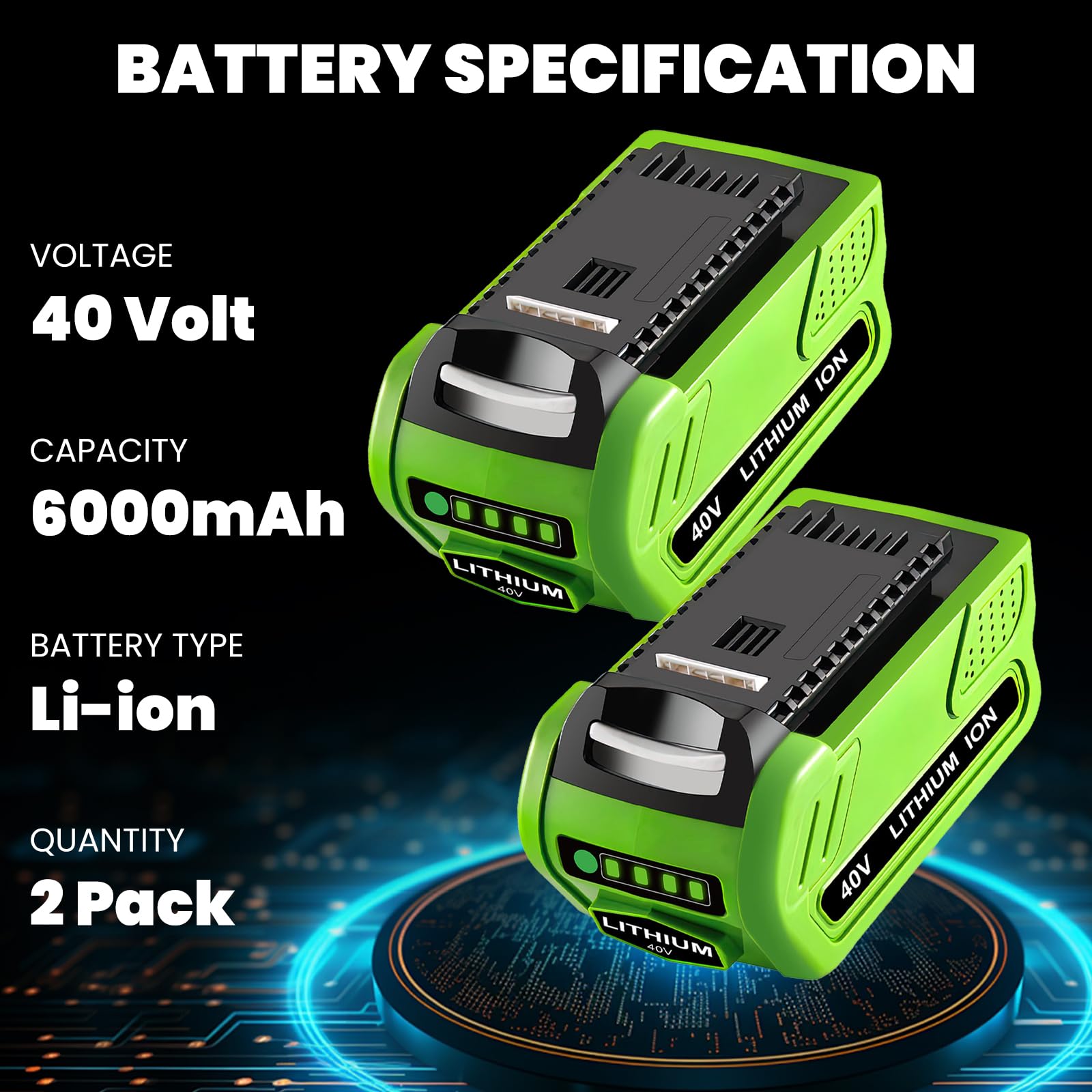 Forrat 40V Greenworks compatibility label on battery for versatile tool fit.