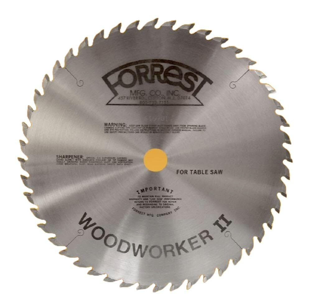 Forrest Woodworker II blade with edge-smooth-cut focus for polished rip cuts.