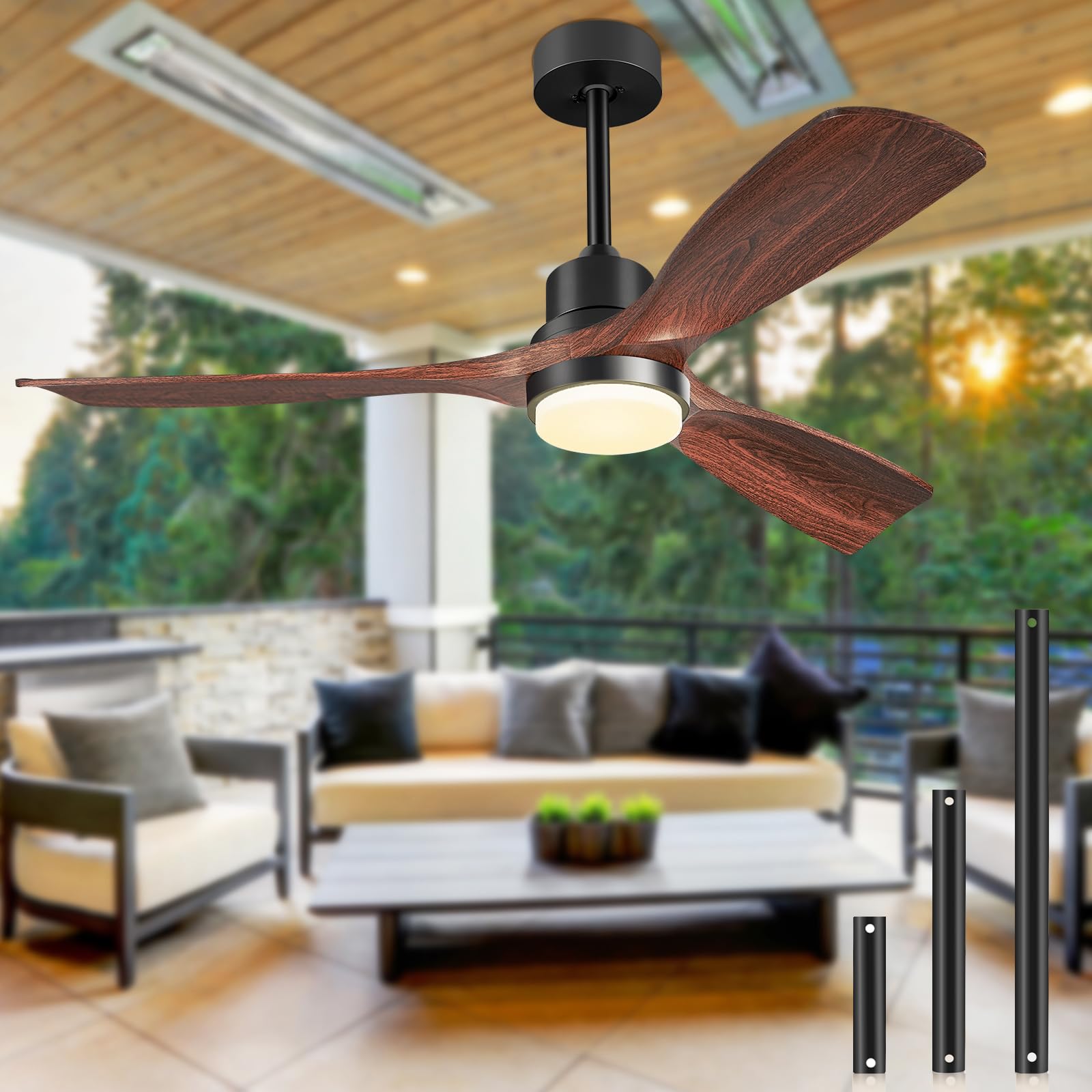 Forrovenco ceiling fan with light and remote on a patio enhances outdoor ambience.