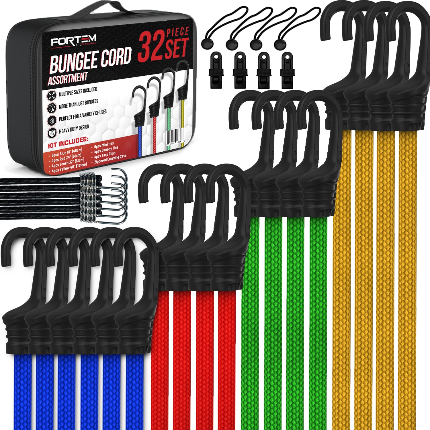 FORTEM bungee cords 10in in a compact bundle for versatile tie-downs and securement
