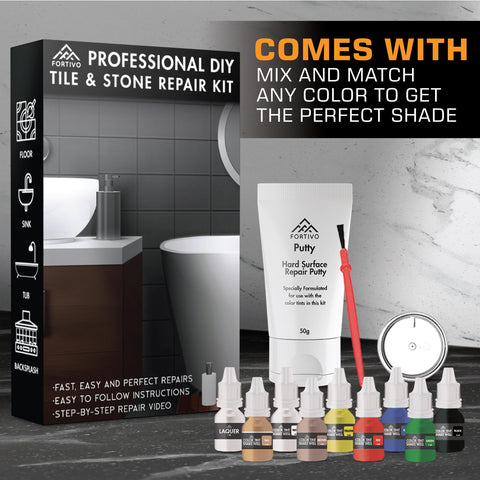 FORTIVO marble repair kit filling a chipped marble surface for a smooth finish