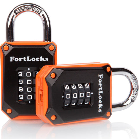 FortLocks orange 4-digit padlocks two-pack visible with bold dials for quick setup.