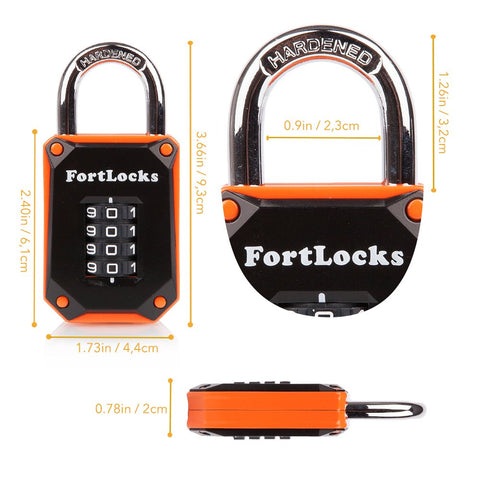 Close-up of orange FortLocks padlock dial highlighting user-friendly resettable code.