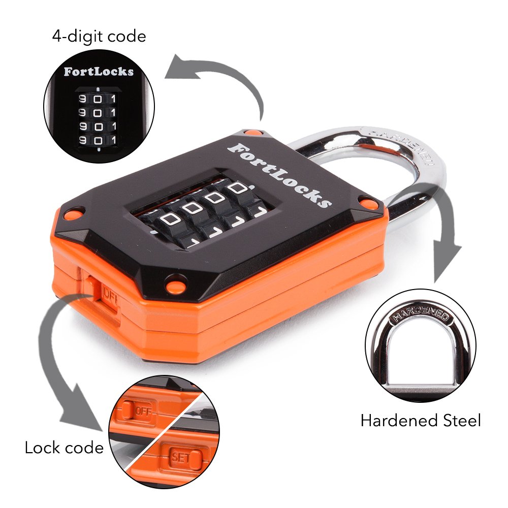 Weatherproof FortLocks padlock shows rugged body designed for outdoor security.