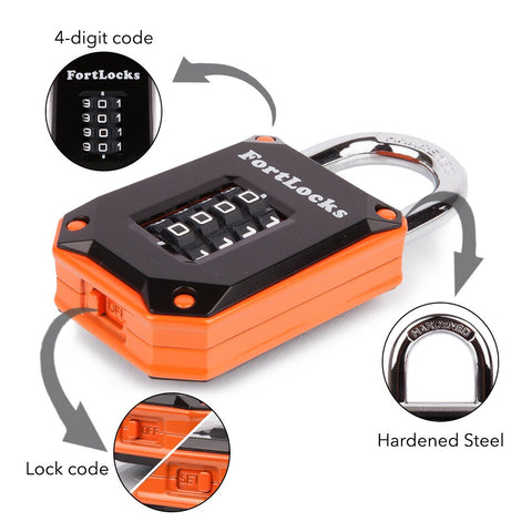 Weatherproof FortLocks padlock shows rugged body designed for outdoor security.