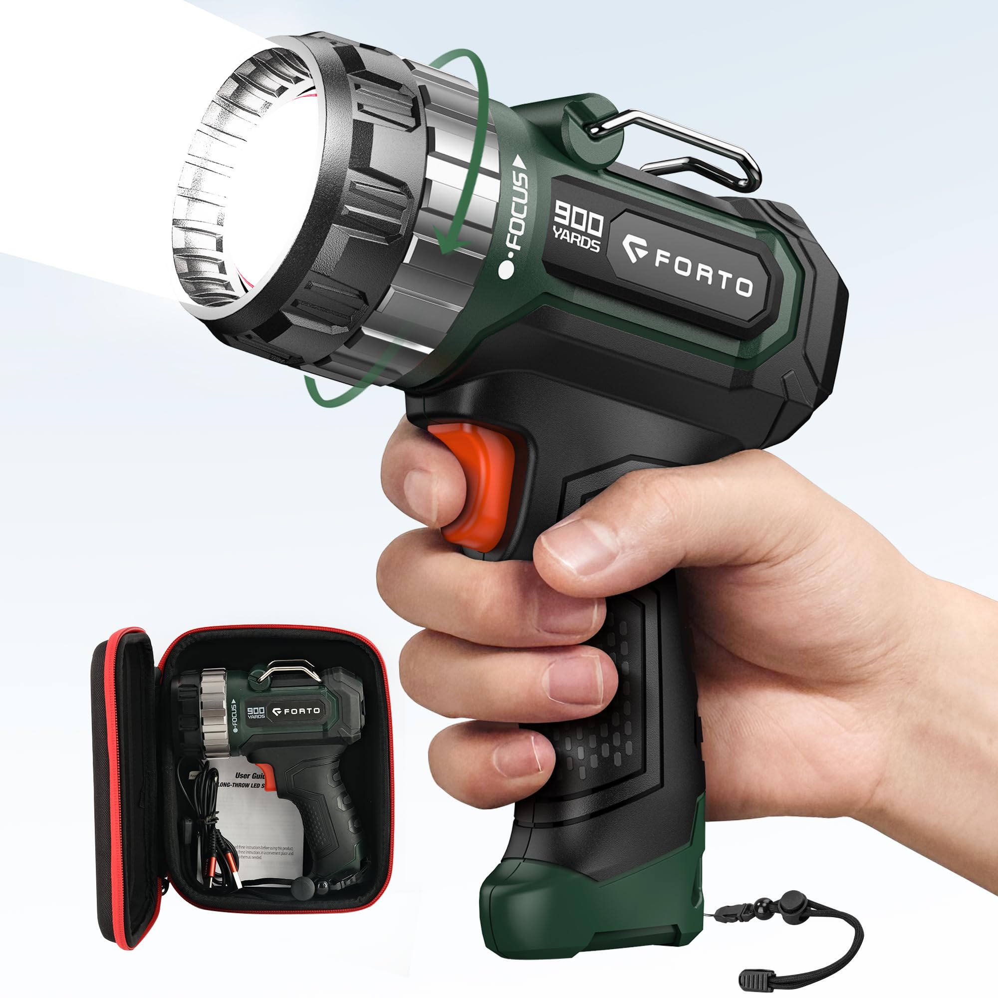 FORTO compact spotlight with adjustable focus for precise outdoor illumination during camping.