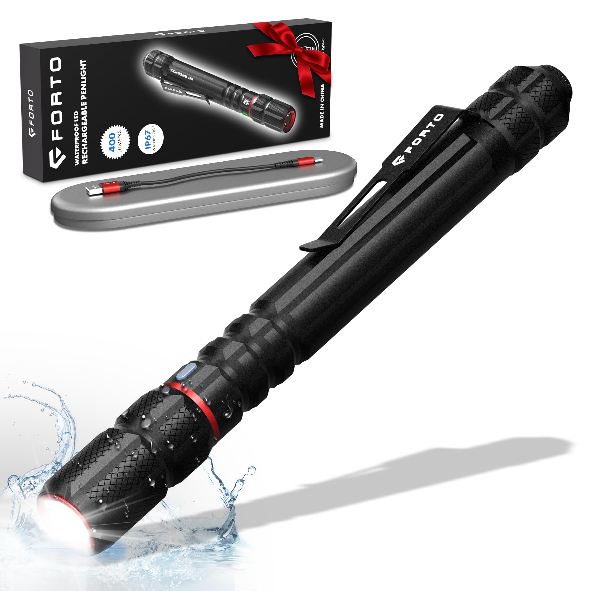 FORTO pen light clipped to pocket for quick inspections in dim work areas.