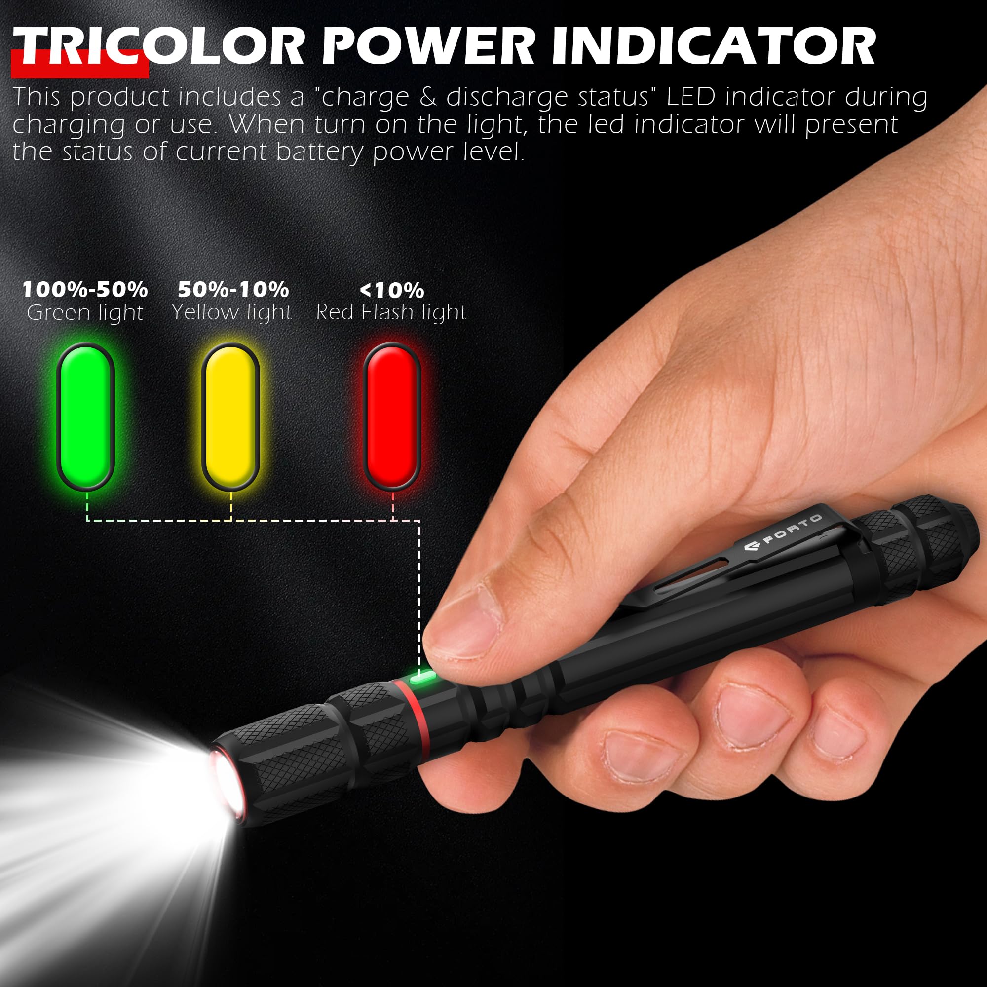FORTO pen light IP67 protection resists rain and dust.