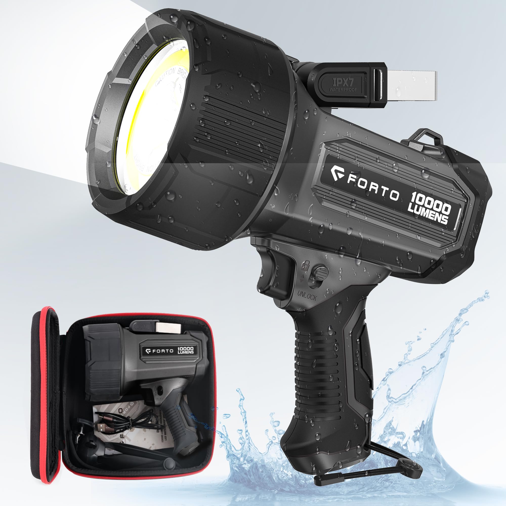 FORTO rechargeable spotlight with 10000lm beam illuminates large outdoor areas clearly.