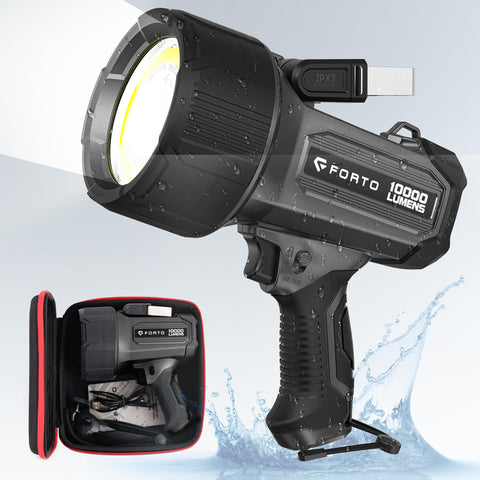 FORTO rechargeable spotlight with 10000lm beam illuminates large outdoor areas clearly.