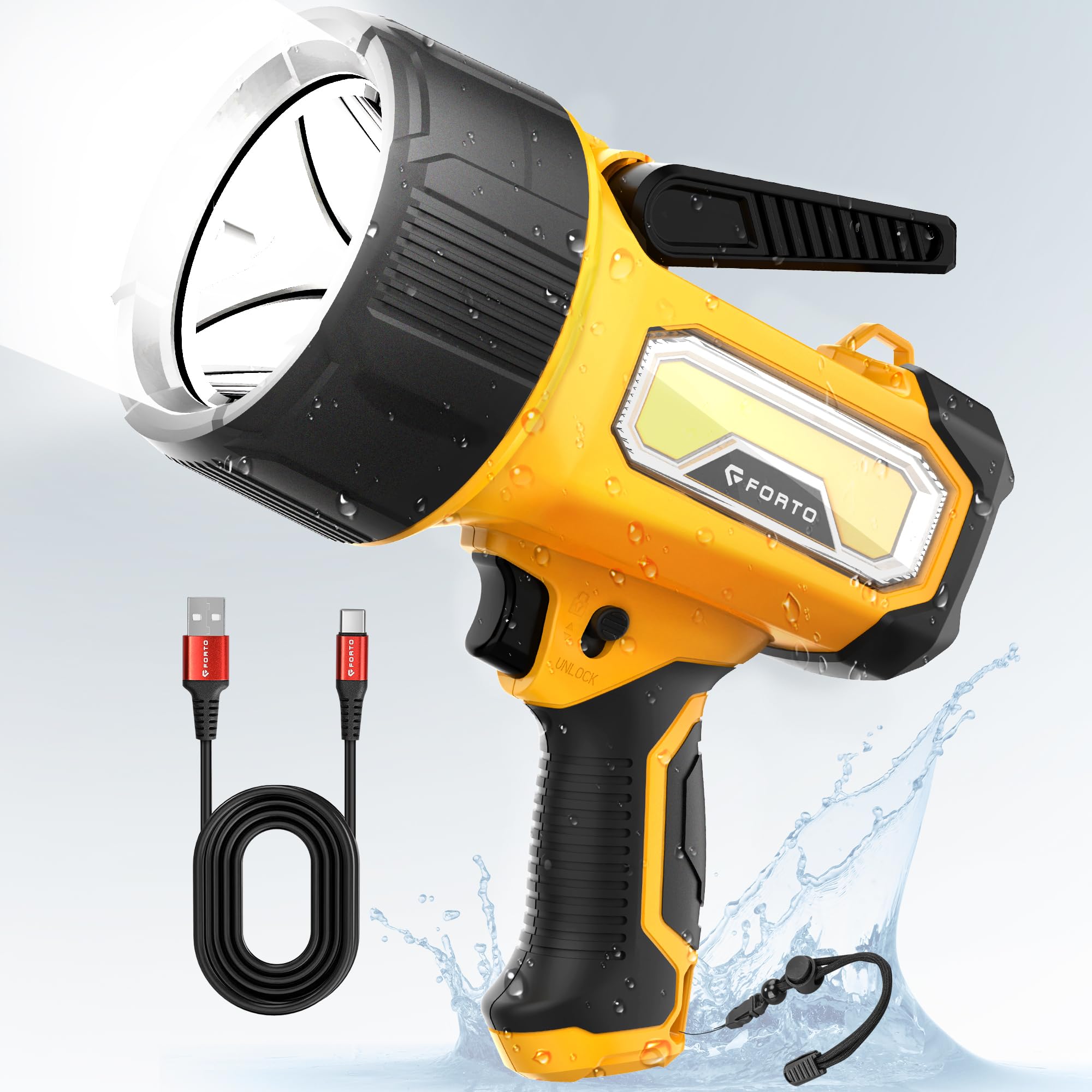 FORTO Rechargeable Spotlight with a powerful beam for outdoor visibility