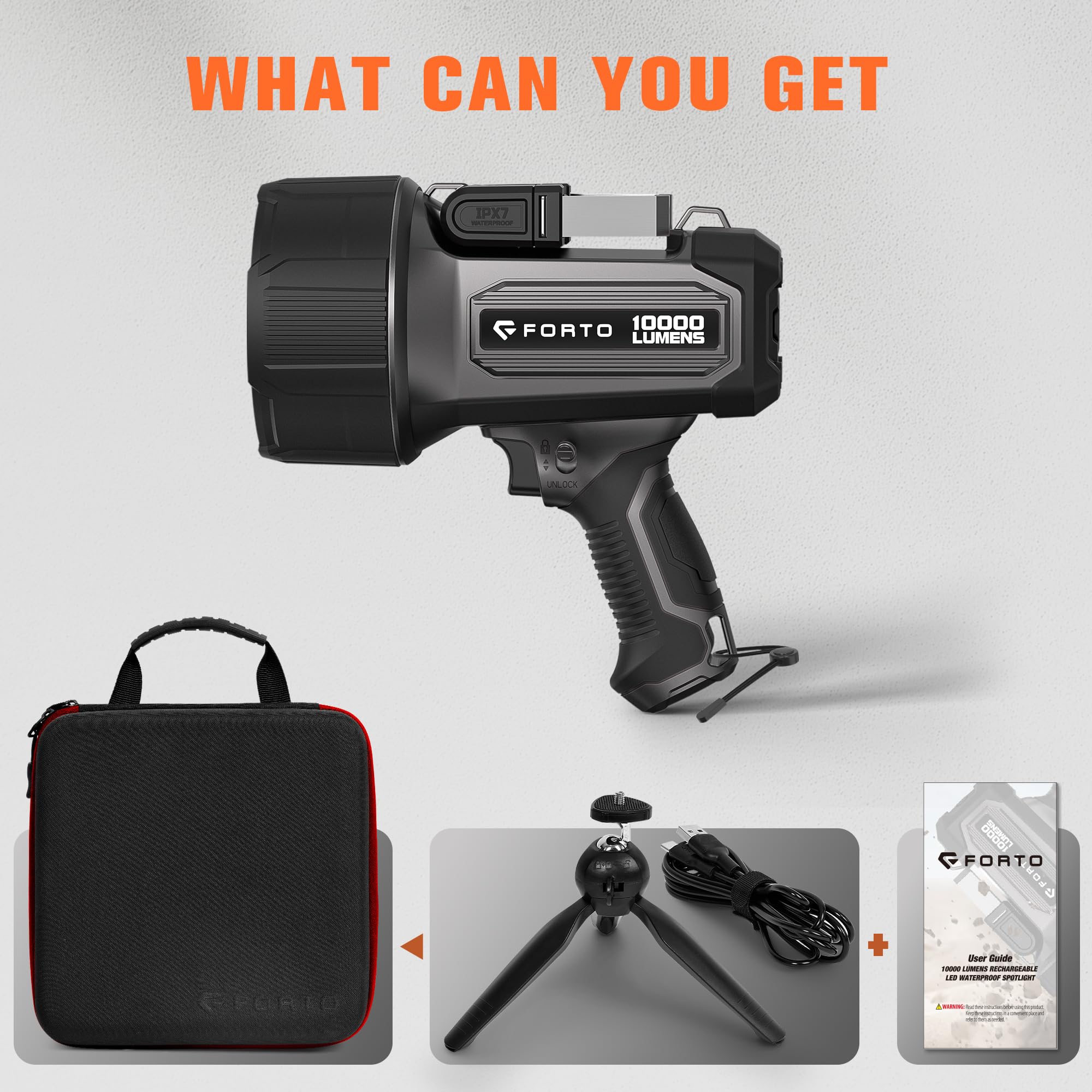 FORTO handheld compact spotlight for easy one-handed use during outdoor tasks.