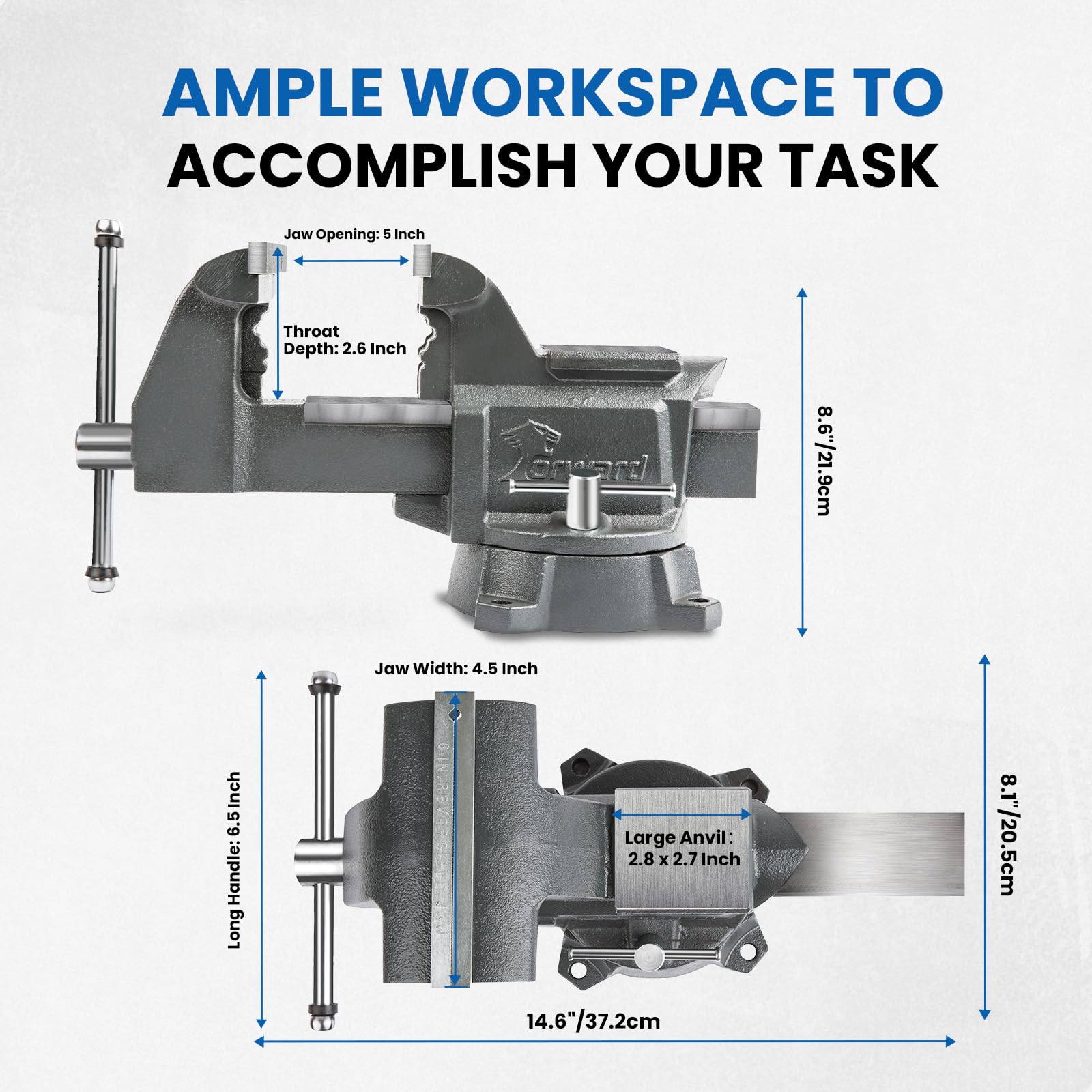 Forward CR40A anvil-area image shows large work surface for shaping tasks.