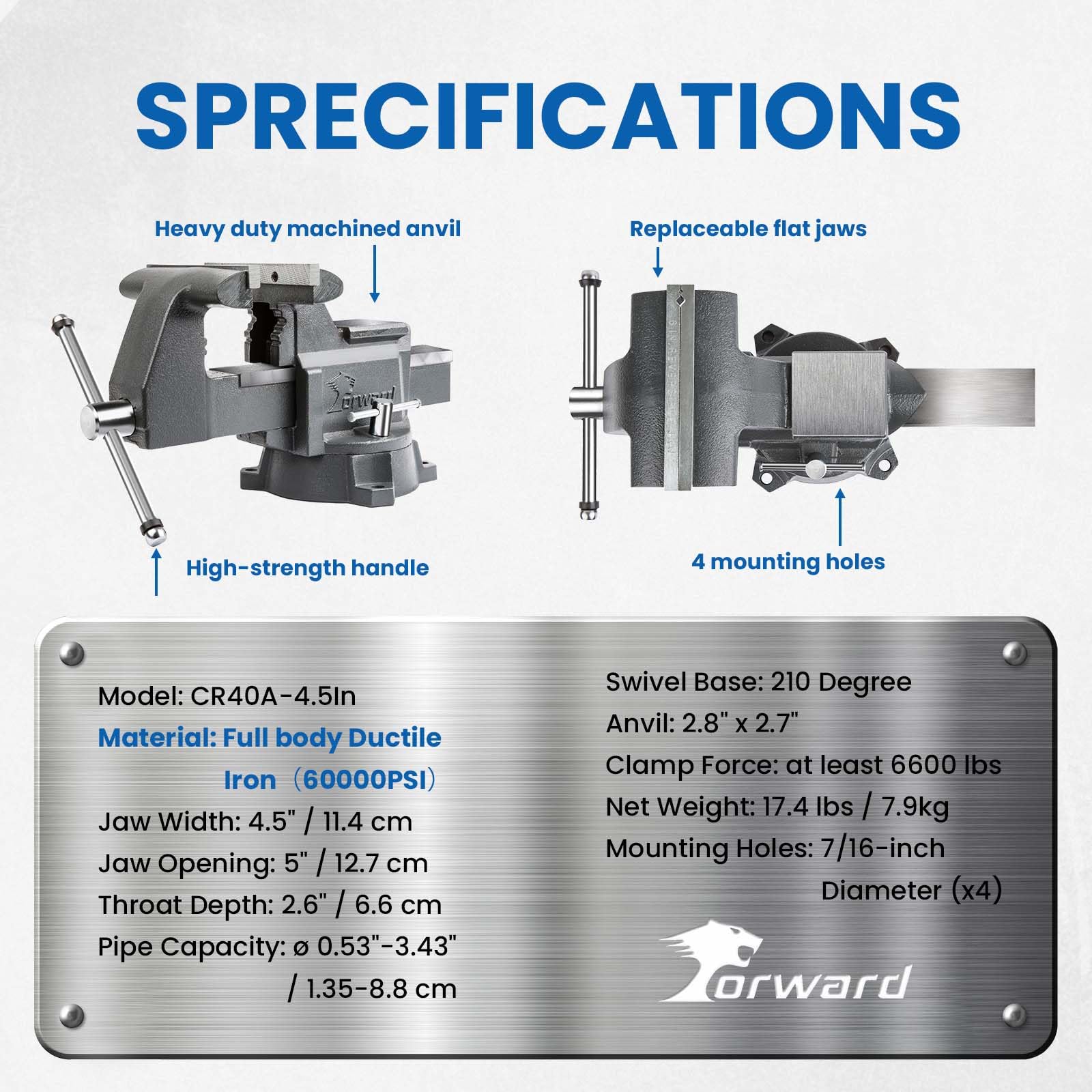 Forward CR40A pipe jaws demonstrate secure grip on round stock from 1/2 to 3-1/2 inches.