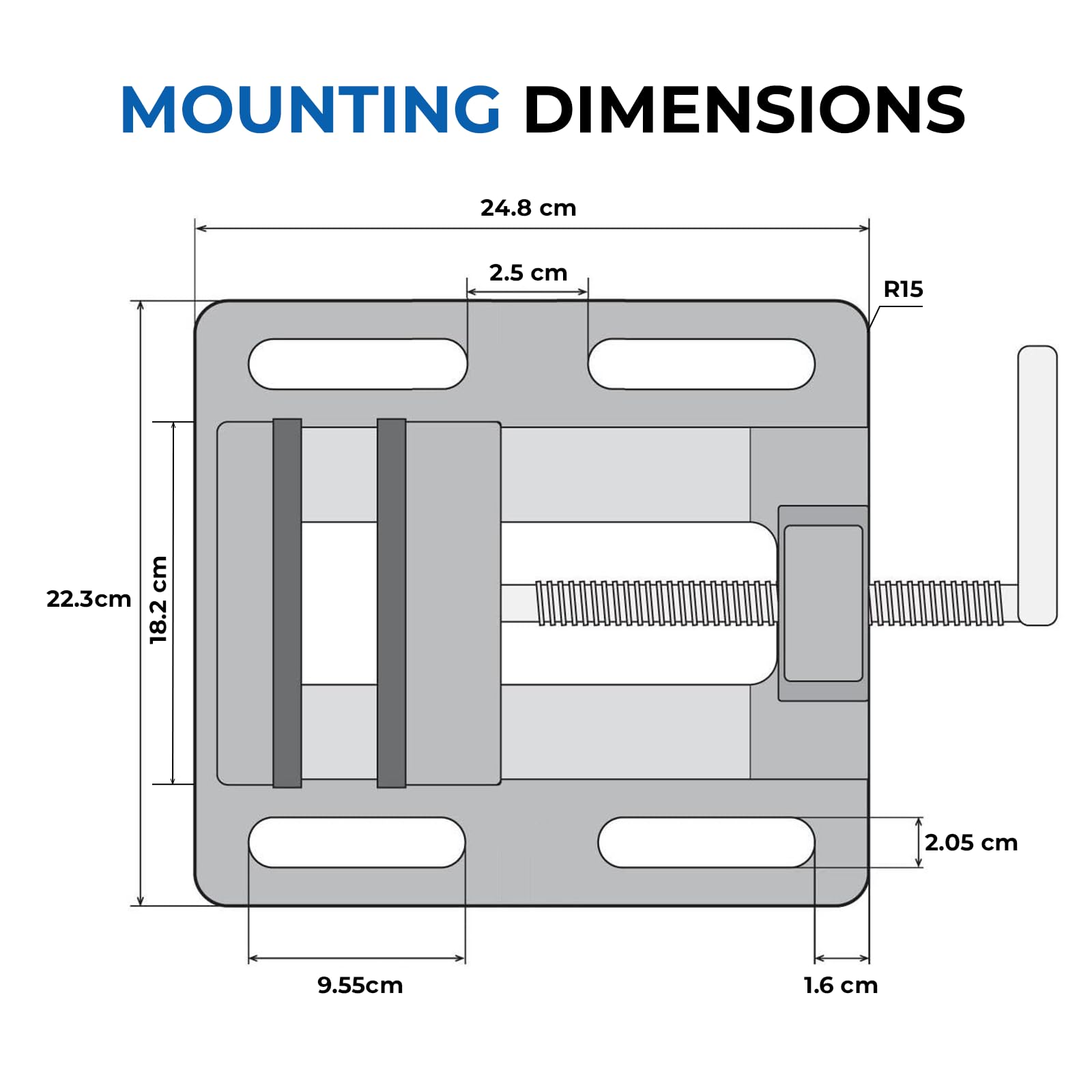 Forward Q196A slotted base highlights easy mounting on a drill press for versatile use.