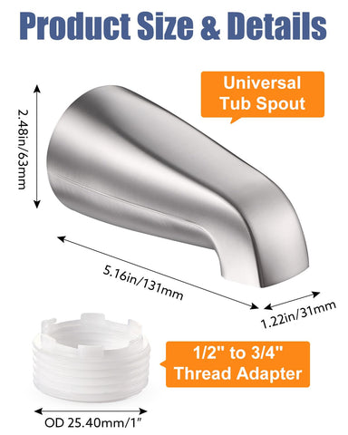 Fosenlion universal tub spout brushed nickel all-metal construction for durability.