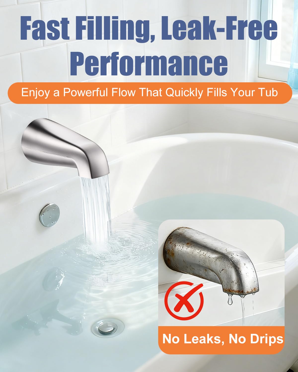 Fosenlion universal tub spout brushed nickel fast-fill channel for efficient flow.