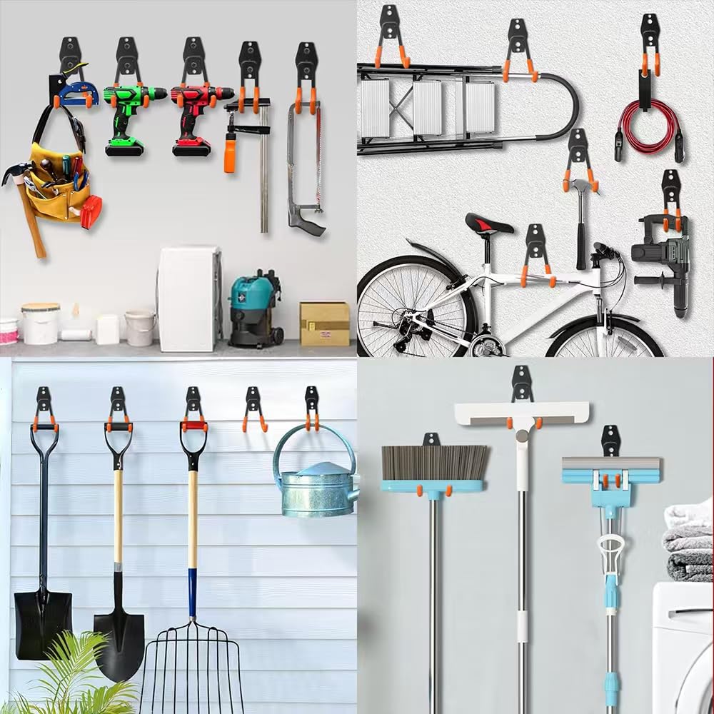 Fosiweelo garage hooks pack tidy brooms and shovels with space to spare.