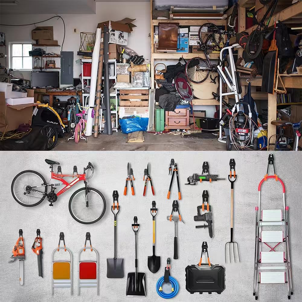Fosiweelo garage hooks pack organizes garden tools for quick projects.