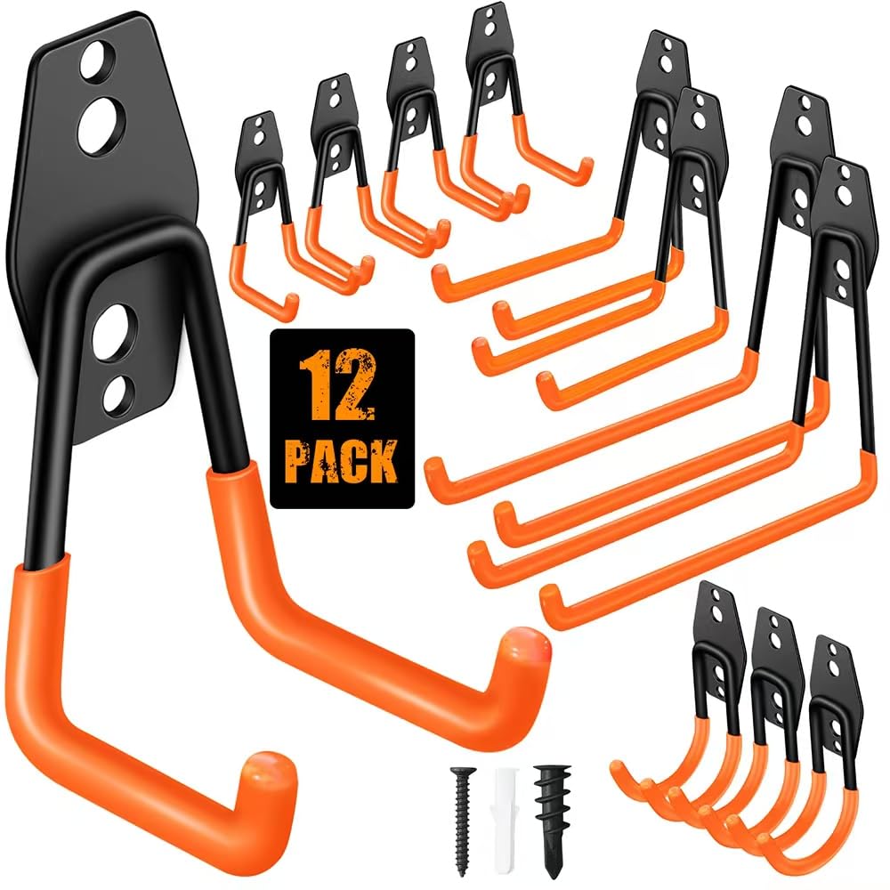 Fosiweelo garage hooks pack holds ladders securely for easy access and organized storage.