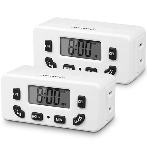 Fosmon 24-hour timer outlet front view with LCD display for precise lighting schedules.