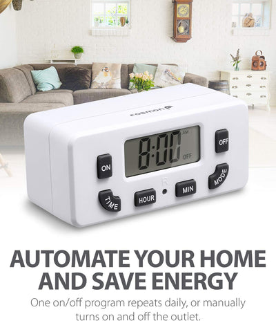 Fosmon timer outlet in a living room controlling lamps for automated lighting.
