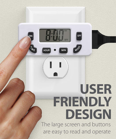 Fosmon timer outlet side-entry plug design fits behind furniture for space saving.